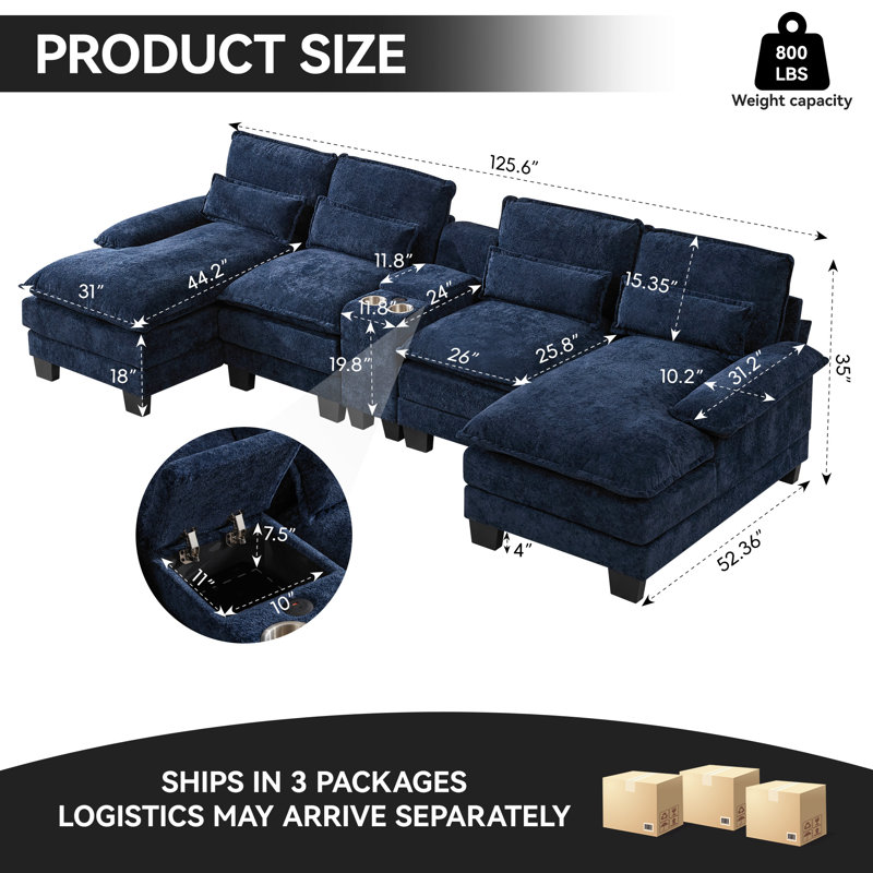 Canapé d'angle en forme de U de 125,6 pouces de large avec console, porte-gobelets et ports USB, Marine, Ordinaire