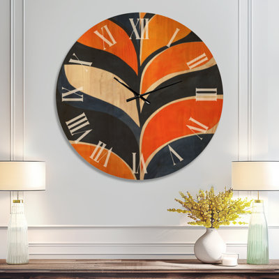 Horloge murale surdimensionnée de style milieu du siècle, motif de feuilles au coucher du soleil, imprimée sur bois