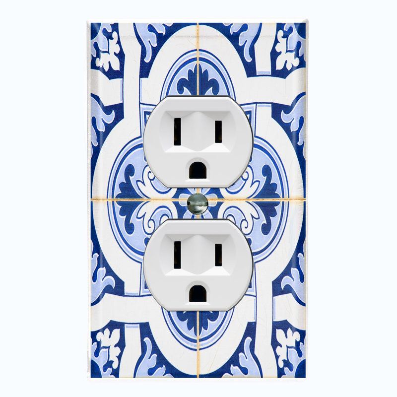 Metal Light Switch Plate Outlet Cover (Blue Teal Damask Tile Leaves White  - Single Duplex)