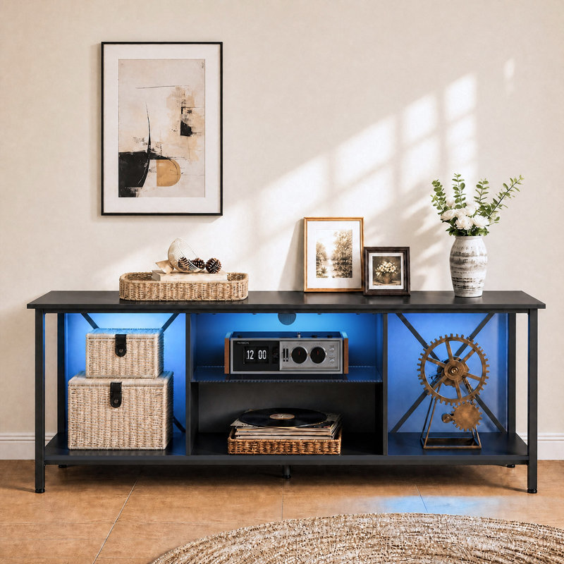 Meuble télé 55 po pour téléviseur 65 po avec DEL, console de télévision industrielle avec tablette de rangement ouverte, centre de divertissement avec structure en métal robuste