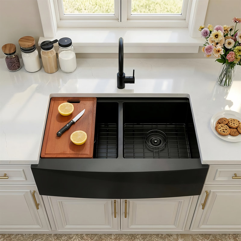Évier de cuisine en acier inoxydable calibre 16 LQS L 33 po x l 20 po Workstation Farmhouse, Noir