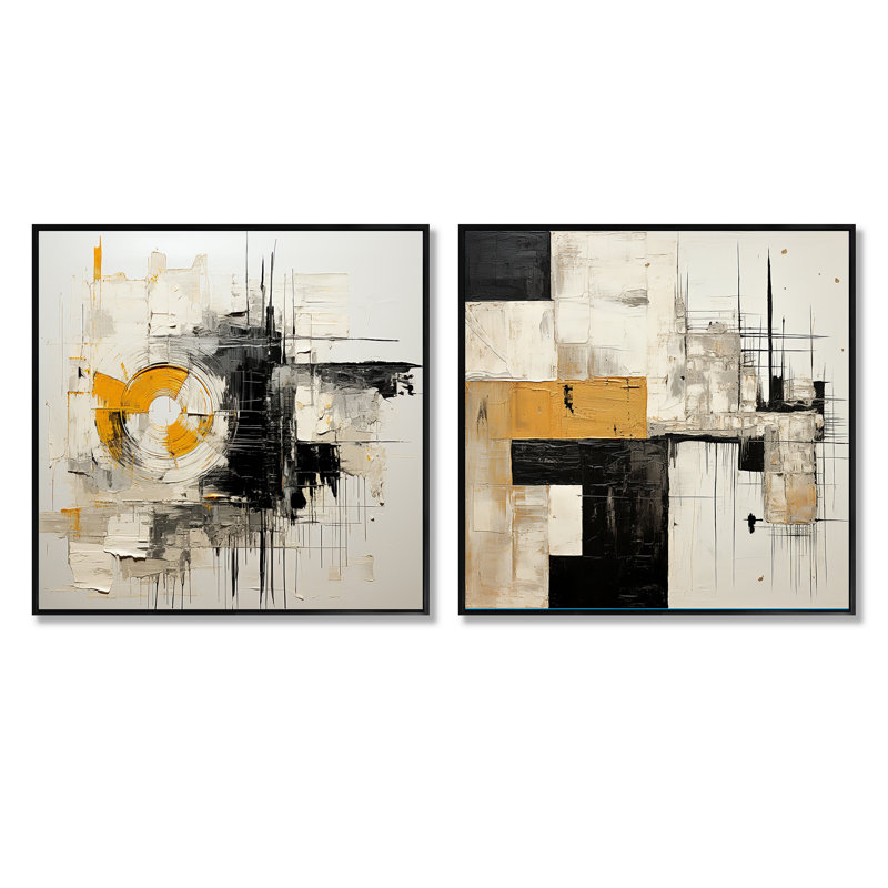Ensemble de 2 collages carrés abstraits beige et noir Divine Simplicity III, Cadre flottant noir, H 30 po x l 61 po
