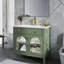 Meuble-lavabo de style milieu du siècle avec verre antique, éclairage automatique à détecteur de mouvement et lavabo facile à nettoyer, construction étanche pour une durabilité accrue.