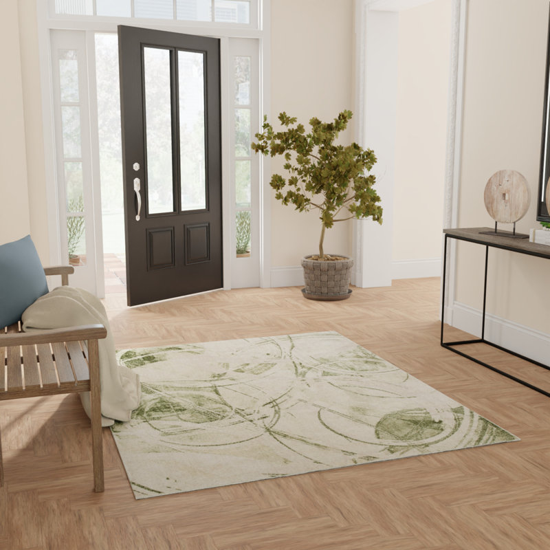 Astra Machine Washable Beige Green Modern Indoor Rug, Rectangle 4' x 6'
