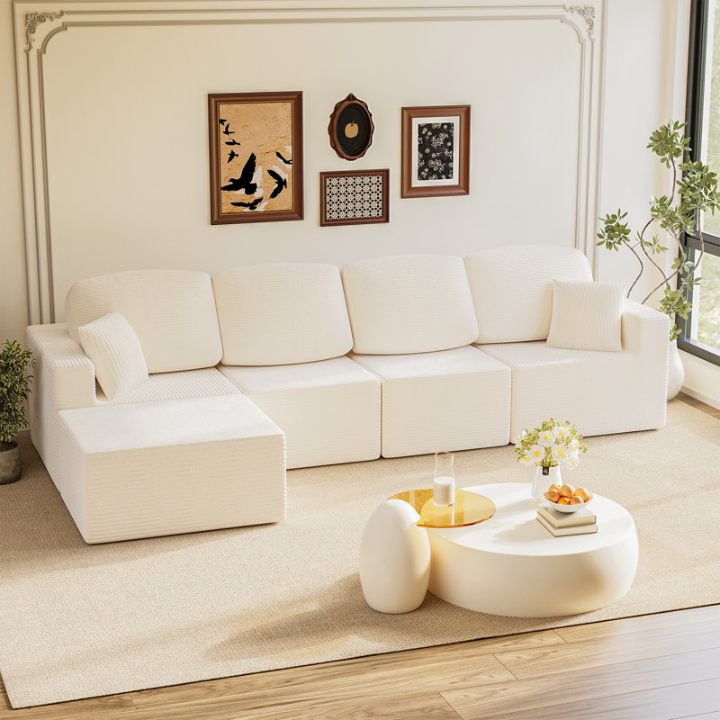 Boneless L-Shaped Modular Sectional Couch, Cloud U-Shaped Sectional Sofa with Wide Armrest, Beige Corduroy
