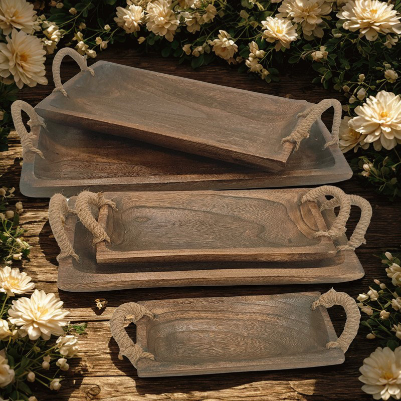 Rectangular Wooden Serving Trays with Rope Handles "Beaufort" (Set of 5 Assorted)