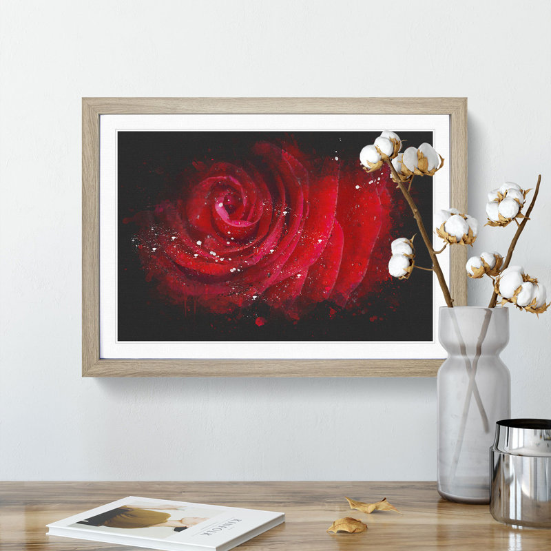 Dewdrops Upon A Red Rose Paint Splash - Framed Print, 33cm H x 45cm W x 2cm D, Oak Framed