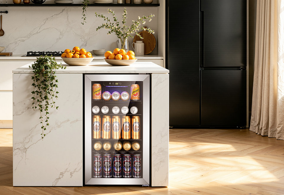 Stainless steel beverage refrigerator built into a white marble kitchen island, stocked with various canned drinks.