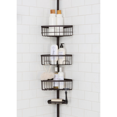 4 Tier Corner Tension Pole Shower Caddy Bronz Color | Adjustable Floor to Ceiling Bathroom Organizer | Drill-Free Standing Shower Rack