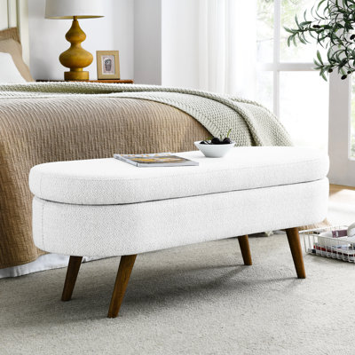 Oval White Linen With Steady Rubber Wood Legs For Function Footstool Solid Storage Bench