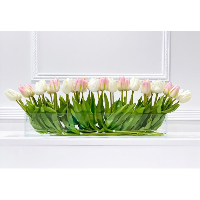 28 Inches Modern Long Pink/White Real Touch Tulip Stems - Faux Floral Luxury French Table Décor