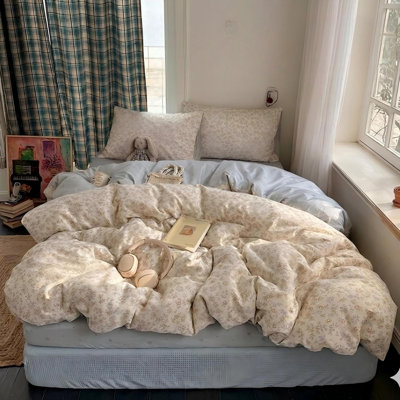 Reversible Floral Washed Cotton Bedding Set Cream Blue Vintage Flower Duvet Cover