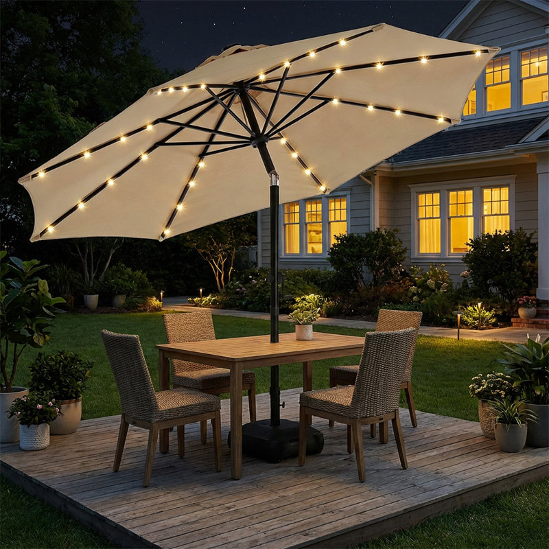 Parasol solaire à DEL avec base et bouton-poussoir, Beige, H 100 po x l 120 po x P 120 po