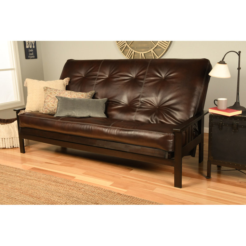 Stratford 86" Queen Futon and Mattress, Oregon Trail Java Faux Leather, Espresso