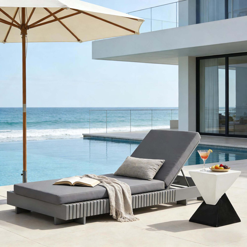 Acacia Solid Wood Frame Chaise Lounge With Adjustable Backrest And Comfortable Cushion, Dark Grey, Dark Grey