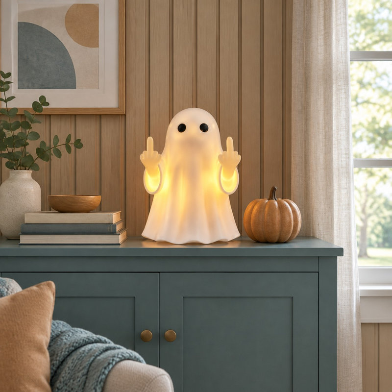 Bring a spooky-funny touch to home, desk, or party decor with this glowing Halloween ghost statue, featuring a raised middle finger and suitability for indoor or outdoor display.