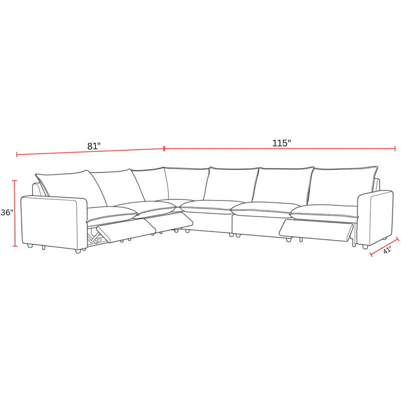 Canapé d'angle modulaire inclinable électrique 5 pièces, 36" H x 81" W x 81" D