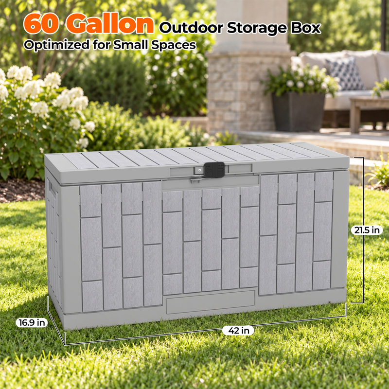 60 gallon waterproof resin outdoor storage box, patio deck box for cushions and pool toys, 60 gallons, Grey