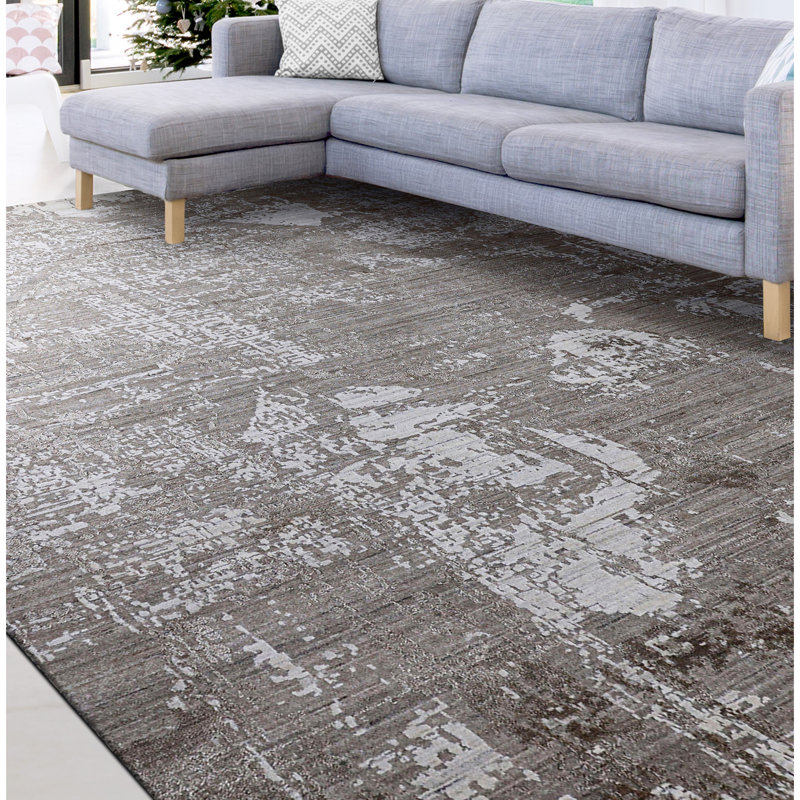 Tapis gris noué à la main, Rectangle 6 pi x 9 pi