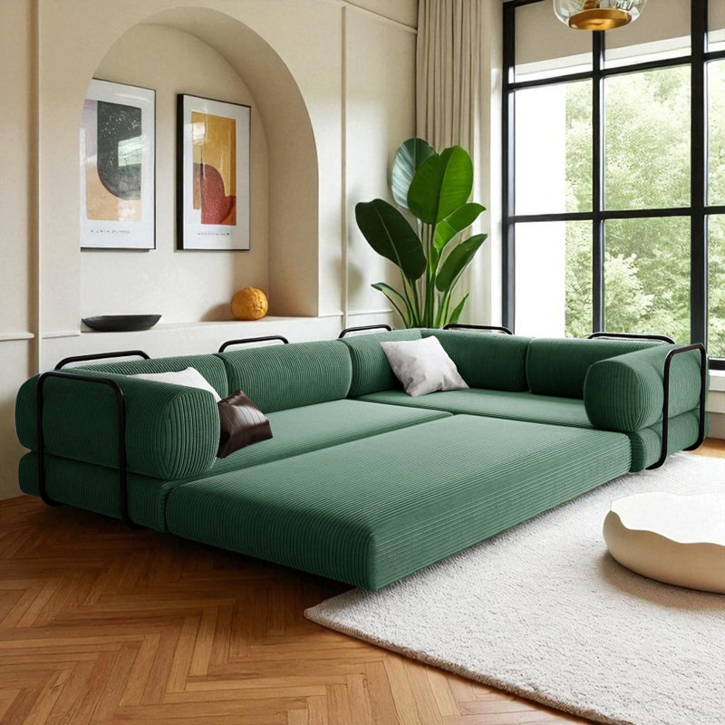 Modular Upholstered Boneless Sectional Sofa Bed, Green Polyester