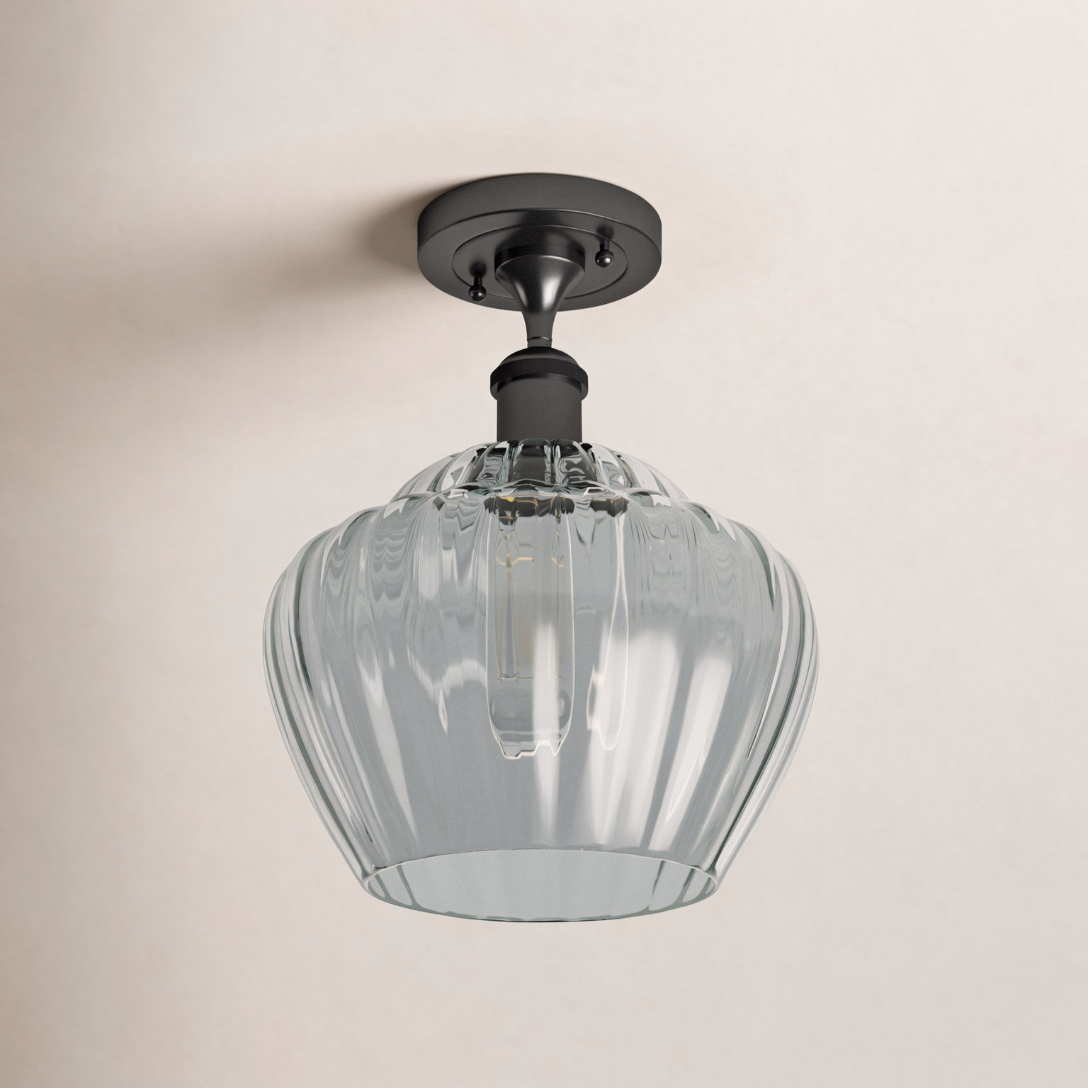 Renee Single Light Glass Semi Flush Mount, Incandescent, Matte Black, Clear