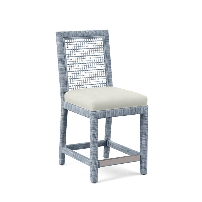 Pine Isle Upholstered Stool, White Textured Performance, Sea Glass