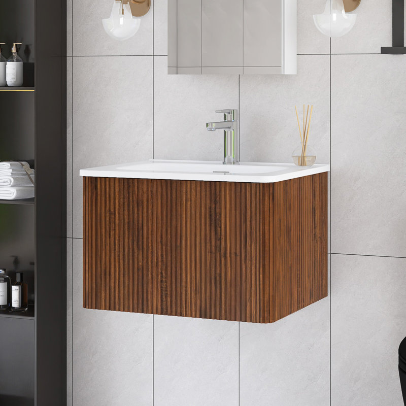 Meuble-lavabo simple mural 24 po avec plateau en céramique blanche 24 po, Brun