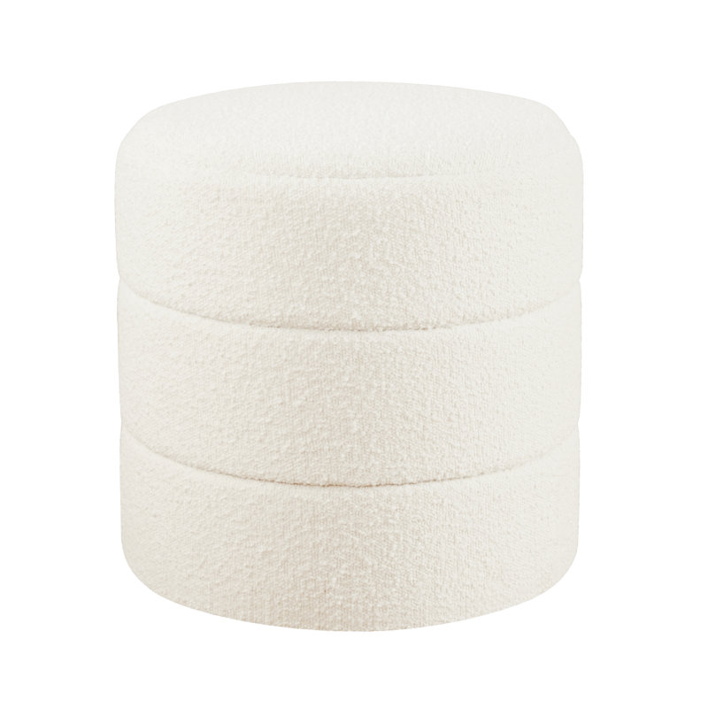 Maeesha Upholstered Round Ottoman, White Boucle