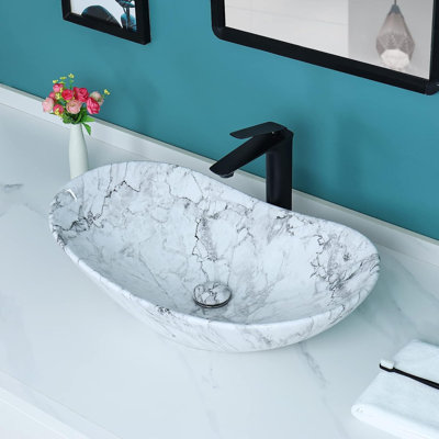 Davivy 24.5" X 13.8" Large Nordic Marbling Oval Vessel Sink with Pop Up Drain Boat Shape Bathroom Vessel Sink