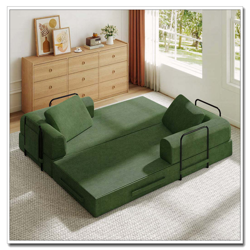Corduroy Convertible Sleeper Sofa Bed with Cylindrical Pillow, Beige