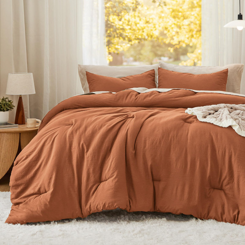 Ensemble d'édredon réversible, Grand édredon + 2 taies d'oreiller standard, Orange brûlé