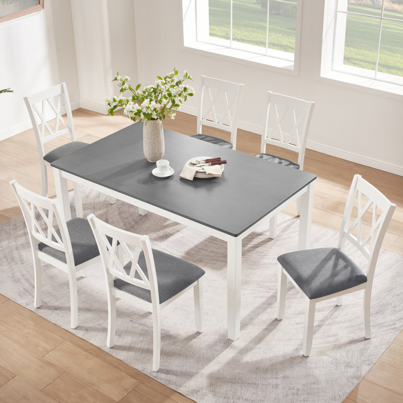 Ensemble de salle à manger moderne en bois massif de 7 pièces avec 6 chaises rembourrées - table rectangulaire à deux tons pour 6 personnes