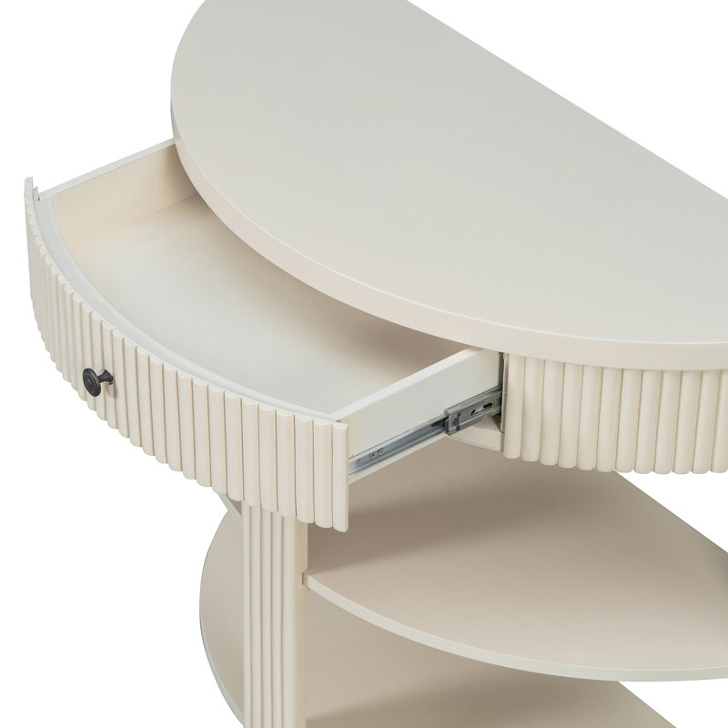 Console cannelée demi-lune avec tiroir et 2 tablettes pour le hall d'entrée, le salon et le couloir, Crème
