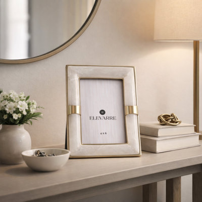 Decorative Alabaster Photo Frame with Metal Accent for Home Decor - Contemporary Picture Frame for Entryway Table or Shelf Decor