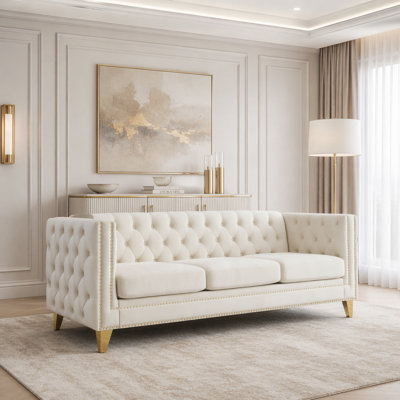 Button-Tufted Chesterfield Sofa with Velvet and Nailhead Trim
