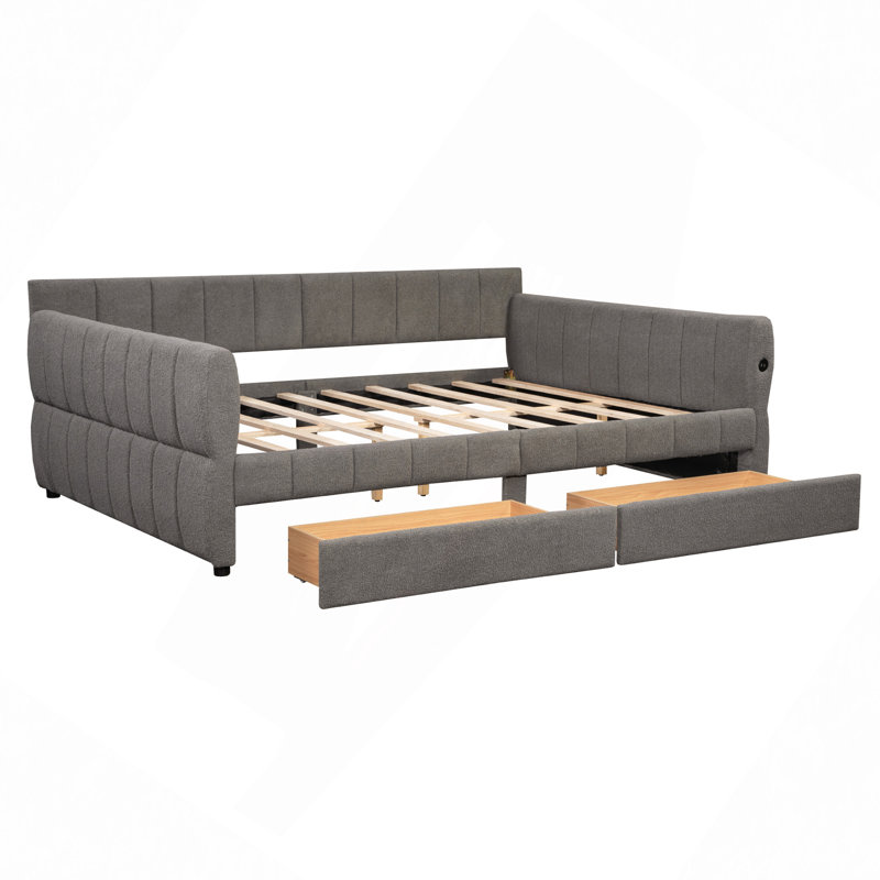 Queen Size Upholstered Platform Bed With USB And 2 Drawers, Gray