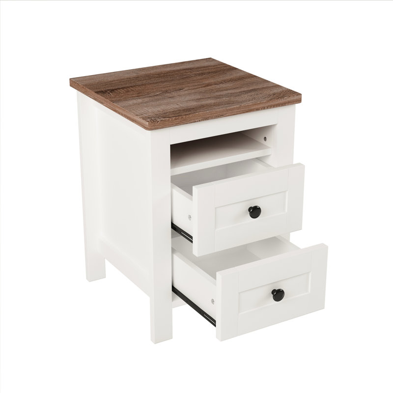 Table de chevet en bois - 2 tiroirs, blanc + brun, chambre à coucher essentielle 2 po et design compact avec espace de rangement