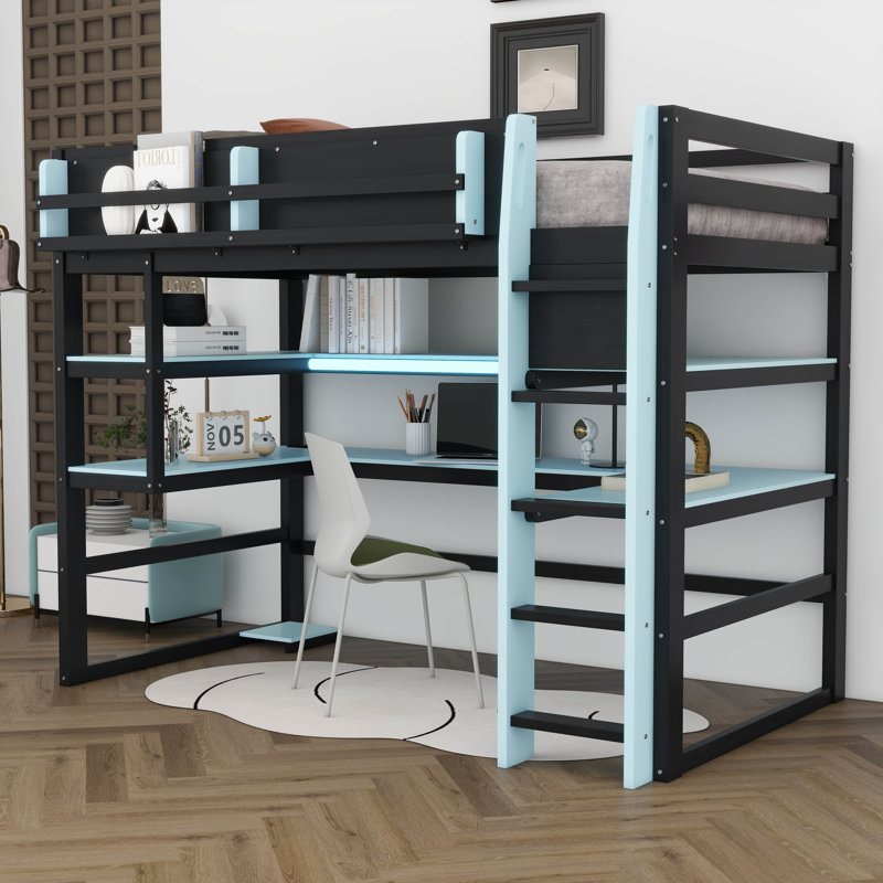 Lit mezzanine en bois Gaming, Lit simple, Bleu nuage