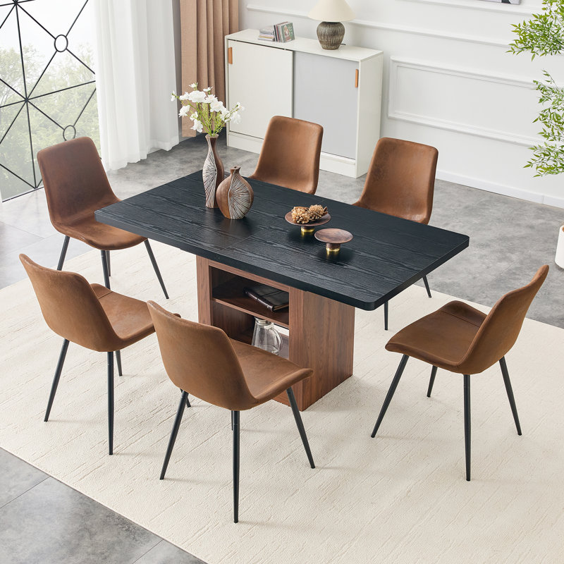 Ensemble de table de salle à manger extensible et de chaises, table coulissante de 59 à 71 pouces, jumelée à 6 chaises confortables en tissu brun avec coussins incurvés. Convient pour les salles à manger, les bureaux, etc.