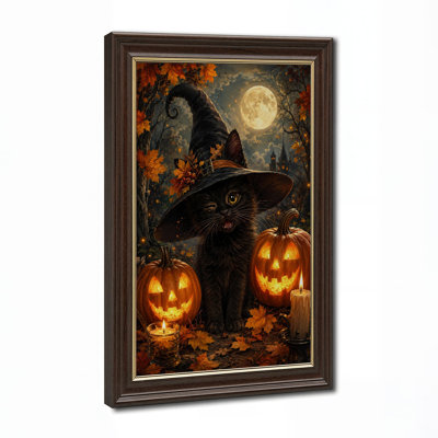 Art mural sur toile, "Chat noir dans un chapeau de sorcière"