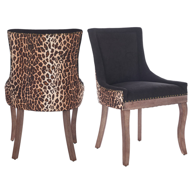 Ultra Side Dining Chair, Thickened Fabric Chairs With Neutrally Toned Solid Wood Legs, Nail Head, Set Of 2, Black/Leopard