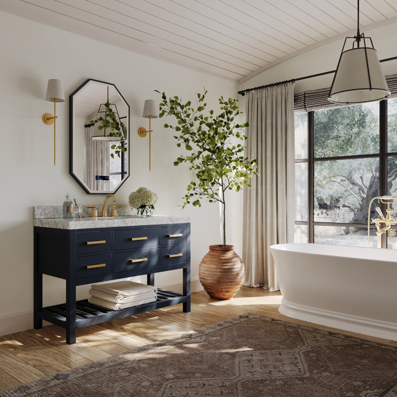 Elizabeth 48'' W Single Vanity, Heritage Blue/Brushed Gold, Carrara White Marble