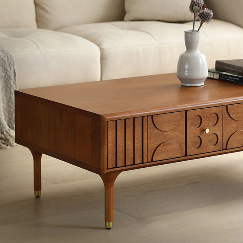 Rectangular solid wood carved drawer coffee table, 15.7" H x 47.2" L x 23.6" W