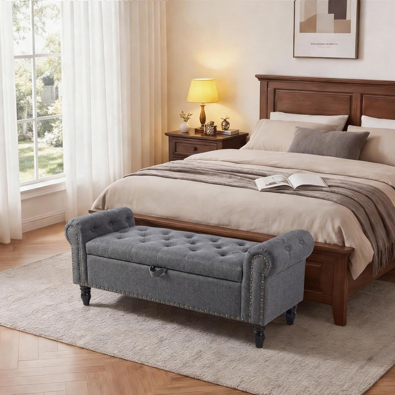 51" Upholstered Storage Bench with Button Tufting & Rolled Arms, Safety Hinge, Linen Ottoman for End of Bed, Entryway, Living Room, Closet