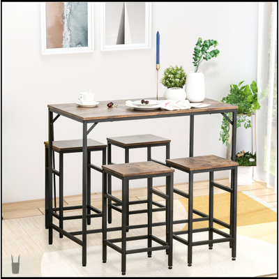 5-Piece Industrial Dining Table Set, Bar Table & 4 Stools, Durable And Stylish For Modern Kitchens And Entertaining Spaces