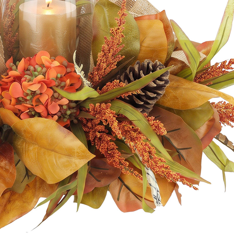 Fall Candleholder Centerpiece with Hydrangeas, Wheat and Pinecones