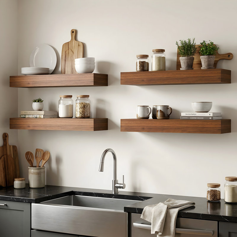 Set of 4 Wooden Floating Wall Shelves for Bathroom, Kitchen, Living Room, 1.97" H x 16.14" W x 3.94" D