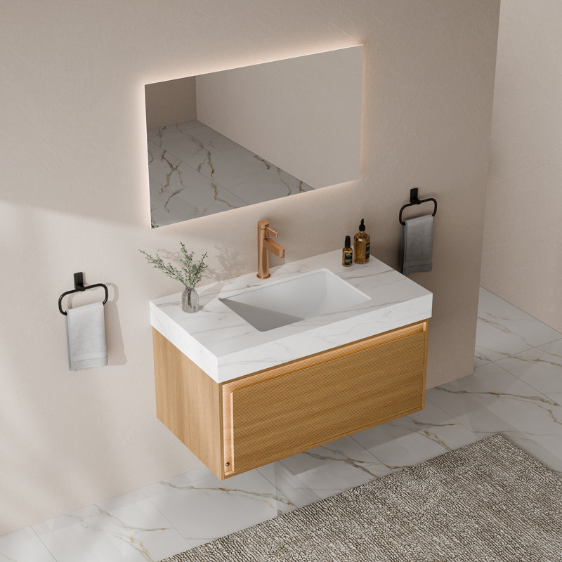 Meuble-lavabo flottant de 36 po avec lavabo, plateau en pierre frittée blanc de Carrare, armoire en chêne clair cannelé, tiroir à capteur DEL, mural, pré-assemblé