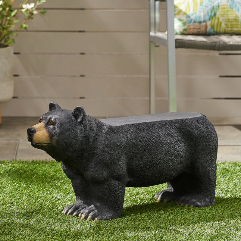 Banc en béton noir mat avec motif d'ours enchanteur - Extérieur, aucun assemblage requis, 41 cm H x 78 cm L x 29 cm P - Élément extérieur léger
