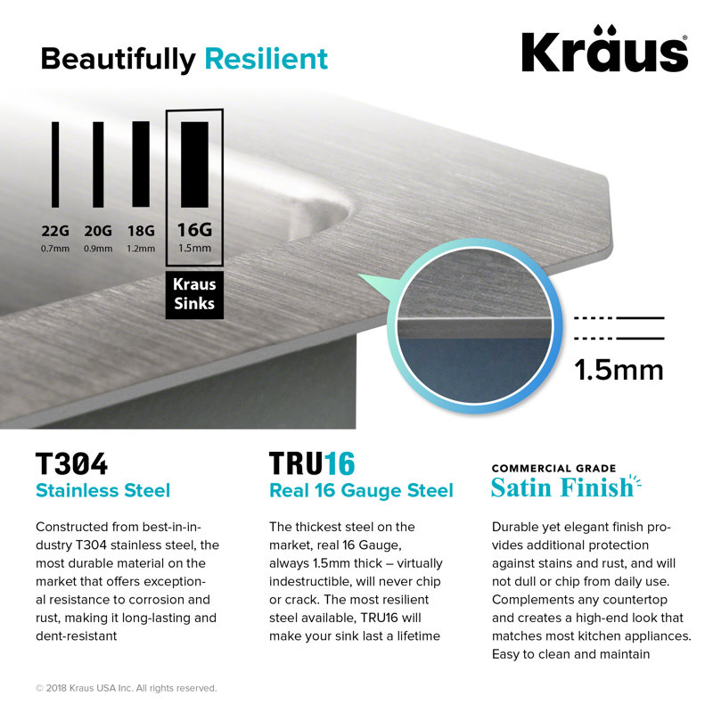 KRAUS Standart Pro Undermount 16 Gauge Stainless Steel Bar Kitchen Sink, Single Bowl, 10" H x 17" W x 17" L